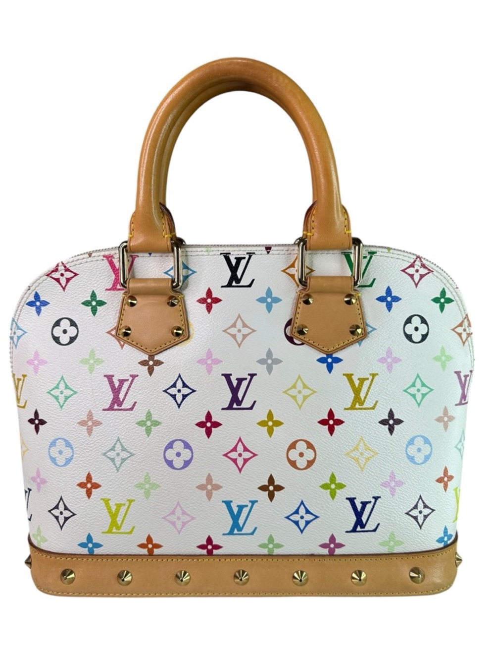 Louis Vuitton White Multicolor Alma Satchel with Tan Trim